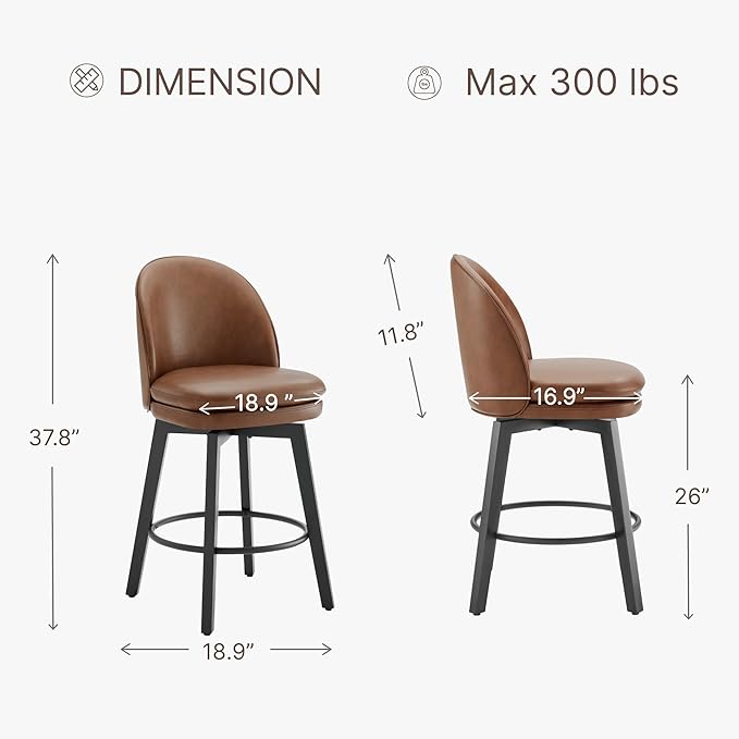 Counter Height Barstools 26 inch Upholstered Swivel Bar Stools with Back and Wood Legs for Kitchen Island,Set of 1,Brown PU Leather-Armless