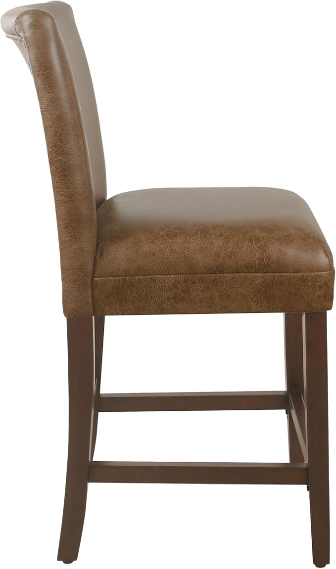 HomePop by Kinfine Fabric Upholstered Parsons Leatherette Counter Height Barstool Chair - 24-Inch, Distressed Brown Faux Leather(Single Pack)