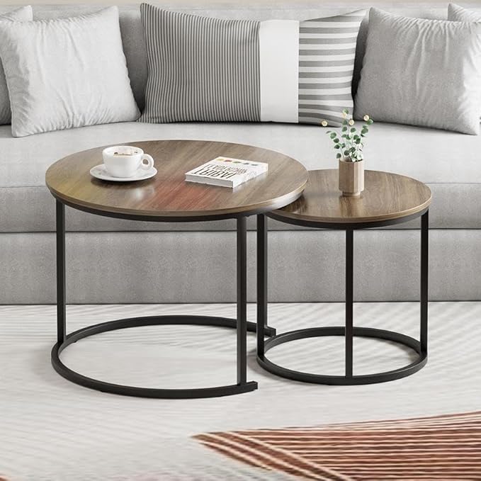 Garden 4 you Nesting Coffee Table, 23.6" Round Coffee Table Set of 2, Wooden Nesting Table Set with Metal Frame, Side Tables for Living Room Bedroom Balcony, Brown