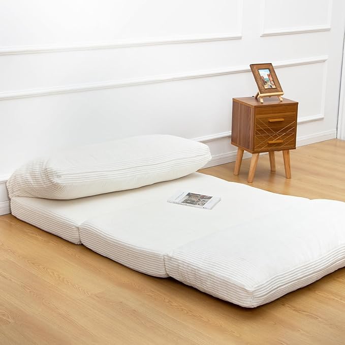 N&V Folding Matress Sofa Bean Bag Bed, Foam Filling Folding Matress Sofa, Includes Removable and Machine Washable Cover, Soft Premium Corduroy (Medium, Ivory)