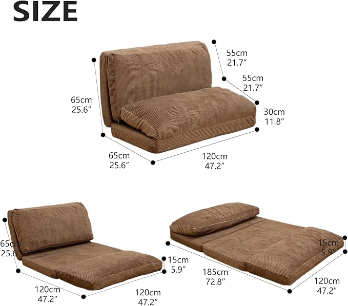 N&V Folding Matress Sofa Bean Bag Bed, Foam Filling Folding Matress Sofa, Includes Removable and Machine Washable Cover, Soft Premium Corduroy (Medium, Brown Suagr)