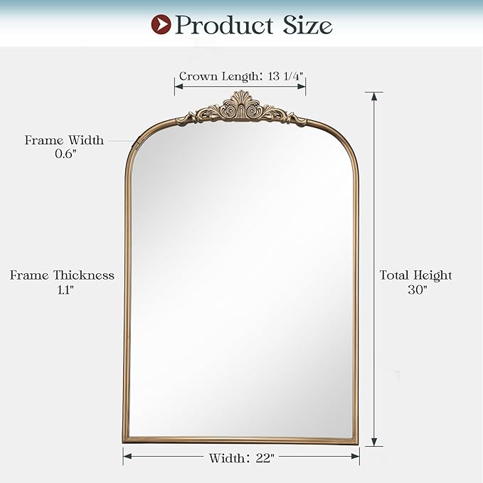22" x 30" Arched Vintage Gold Mirror for Wall, Antique Bronze Bathroom Mirror with Metal Frame, Ornate Arch Vanity Mirror for Entryway, Mantel, Powder Room