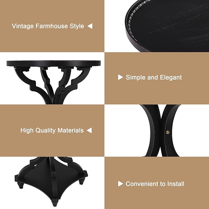 Wnutrees Farmhouse Round Accent End Table, Rustic Side Table Nightstands for Living Room, Wood Tray Top, Handcrafted Finish, Set of 2, Black