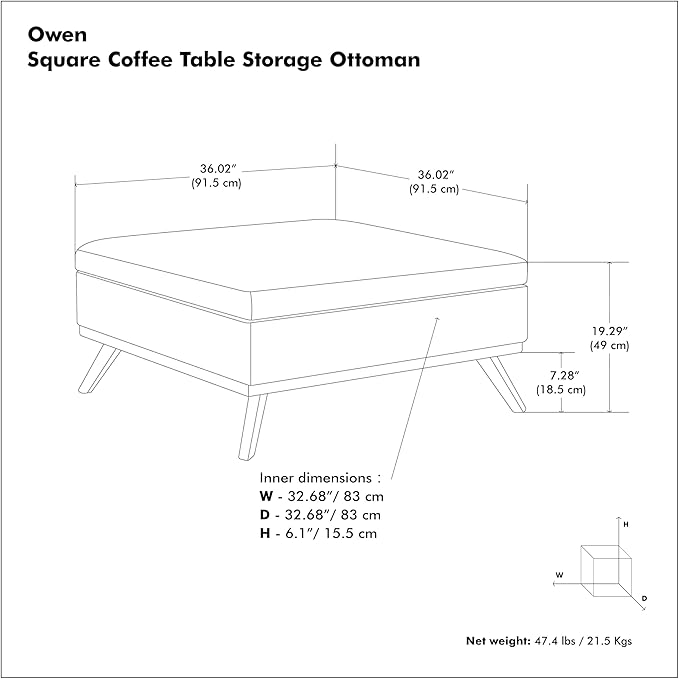 SIMPLIHOME Owen 36 inch Wide Mid Century Modern Square Coffee Table Storage Ottoman in Distressed Dark Blue Vegan Faux Leather, Assembled, for the Living Room, Entryway and Family Room