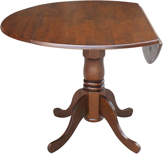 IC International Concepts, 42" Round Dual Drop Leaf Pedestal Dining Table, Solid Wood, Real Parawood, 42" W x 42" D x 29.5" H, Easy Assembly, Espresso