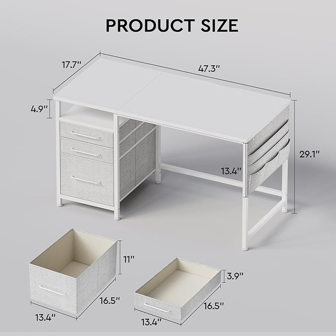 Ｍａｉｈａｉｌ Maihail Small Desk with Drawers, 47 inch Computer Desk with Shelves, Writing Desk with Storage, Small Office Desk with Metal Frame, White