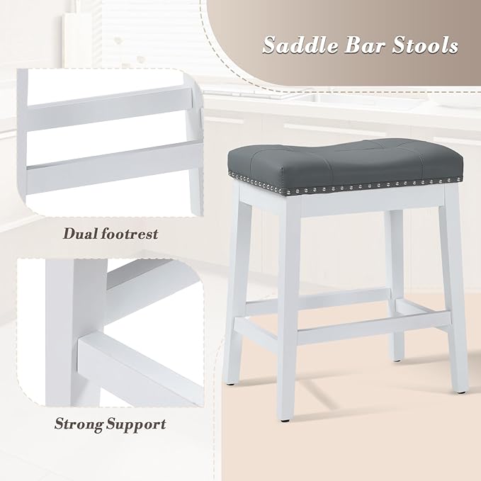 Athena Collection Bar Stools Set of 2, 25 Inches Counter Height Bar Stools Backless with Footrest, Leather Upholstered Saddle Barstools with Nailhead Trim for Kitchen Island, Counter, Grey White