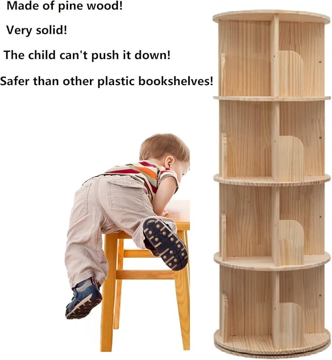 Heehee Rotating Wooden Bookshelf 360 Display 4 Tier Floor Standing Bookcase Storage Rack for Kids&Adults Solid Wood Bookshelf Organizer