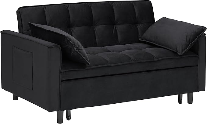 Ball & Cast 55" Convertible Sleeper Sofa Bed,Convertible Pull Out Couch with 2 Pillows,Adjustable Backrest & Side Pocket,Loveseat Futon Sofa Bed for Living Room,Apartment,Velvet Fabric,Black