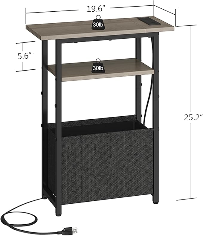 Narrow Side Table with Charging Station, Small End Table for Small Spaces, Skinny Nightstands with Storage Basket, 3 Tier Sofa Couch Bedside Tables for Living Room,Bedroom, Grey