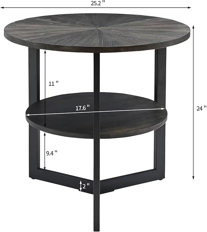 LEEMTORIG Round Side Table, Large 2-Tier End Table Nightstand with Metal Legs, Modern Bedside Couch Table for Living Room, Bedroom, Office, Rustic Black/Black, 25.2 x 25.2 x 24 inches CJZ-1338-BK