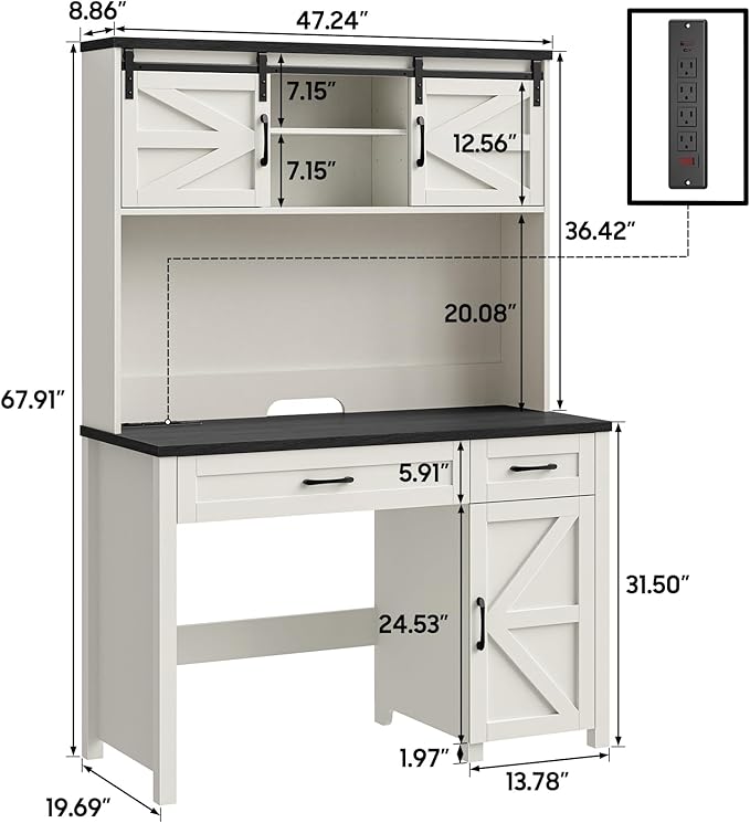Farmhouse 47" Executive Desk, Computer Desk with 2 Drawers and Storage Cabinet, Home Office Desk with Hutch, Charging Hub, Workspace for Work and Study,Black