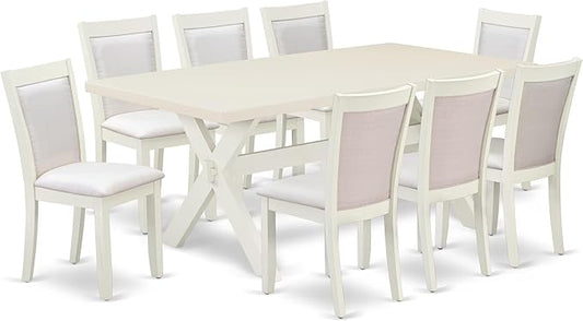 East West Furniture X027MZ001-9 9 Piece Modern Dining Table Set Includes a Rectangle Wooden Table with X-Legs and 8 Cream Linen Fabric Upholstered Chairs, 40x72 Inch, Multi-Color