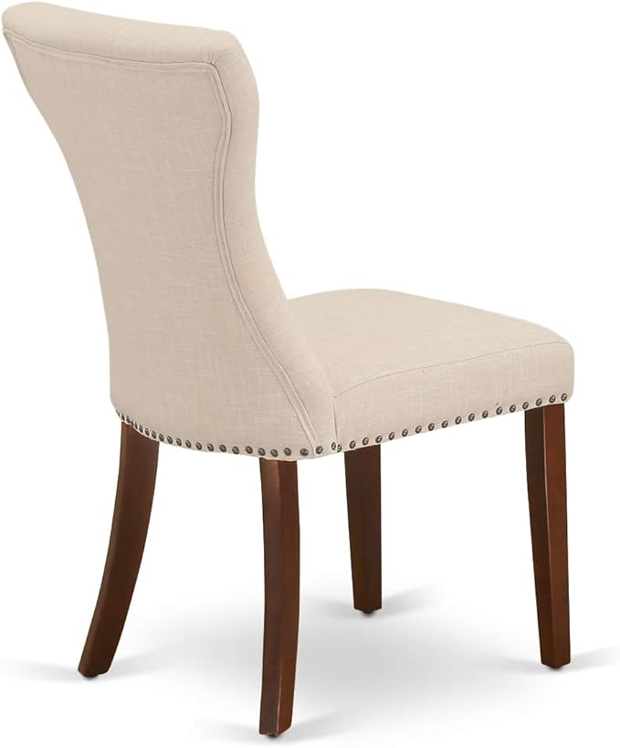 East West Furniture ESGA3-MAH-32 3 Piece Dining Table Set for Small Spaces Contains a Round Wooden Table with Pedestal and 2 Light Beige Linen Fabric Parson Chairs, 30x30 Inch, Mahogany