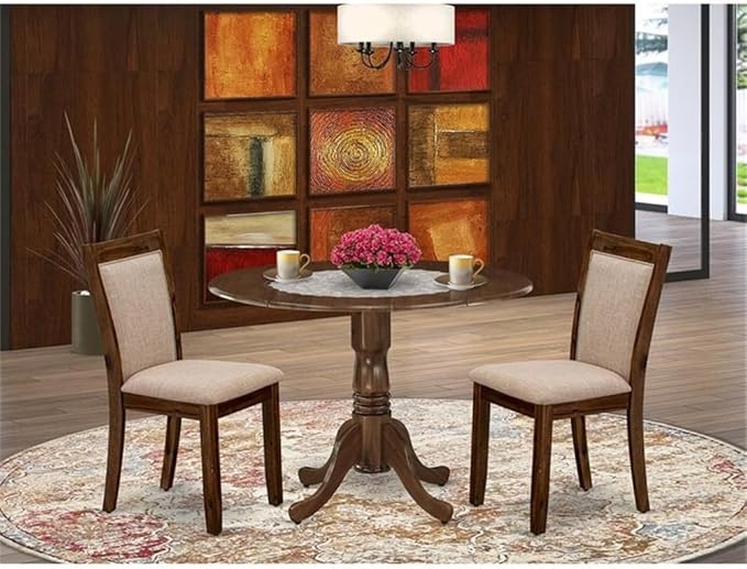 East West Furniture DLMZ3-AWN-04 3 Piece Dinette Set for Small Spaces Contains a Round Dining Table with Dropleaf and 2 Light Tan Linen Fabric Parsons Dining Chairs, 42x42 Inch, Natural Walnut