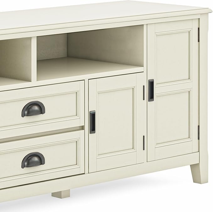 SIMPLIHOME Burlington SOLID WOOD 72 Inch Wide Transitional TV Media Stand in Antique White for TVs up to 80 Inches, For the Living Room and Entertainment Center