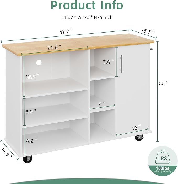 Shintenchi 47”W Kitchen Storage Island Cart with 6 Open Shelves and 1 Cabinet, Portable Trolley Cart with Wood Work Top and Handle/Towel Rack, White