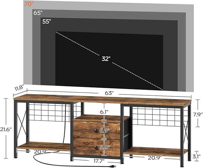 TV Stand with Power Outlet Up to 70 Inch, Entertainment Center with 2 Fabric Drawers, TV Console Table with Open Storage Shelves for TVs, Cable Management, for Living Room, Bedroom, DS16UBRY1