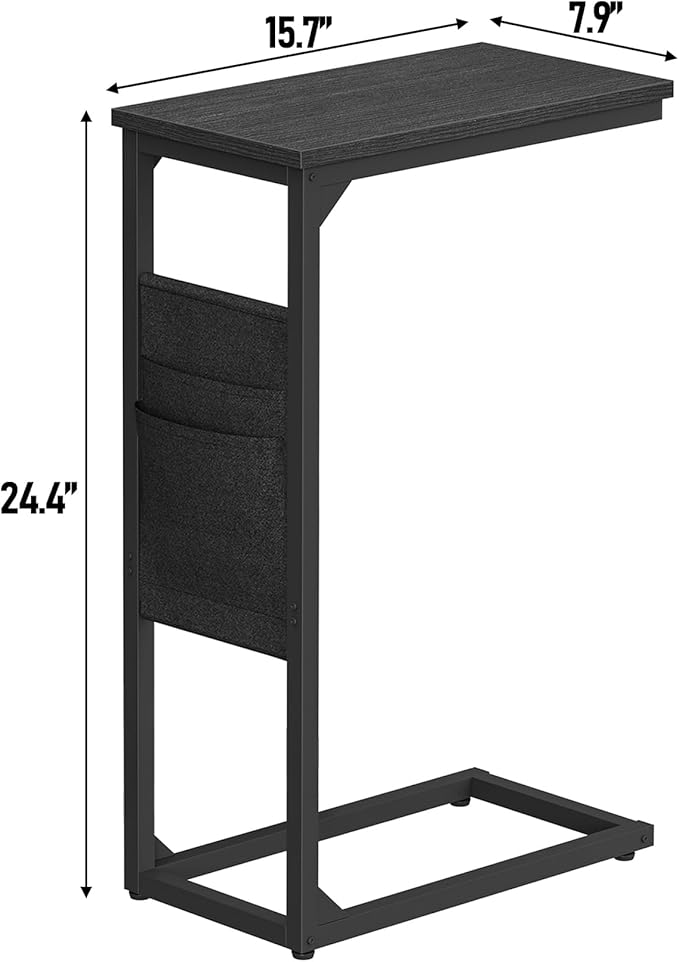 TUTOTAK C Shaped End Table, Side Table for Couch, Sofa Table with Storage Bag, TV Tray for Living Room, Bedroom, Black TB01BK0822