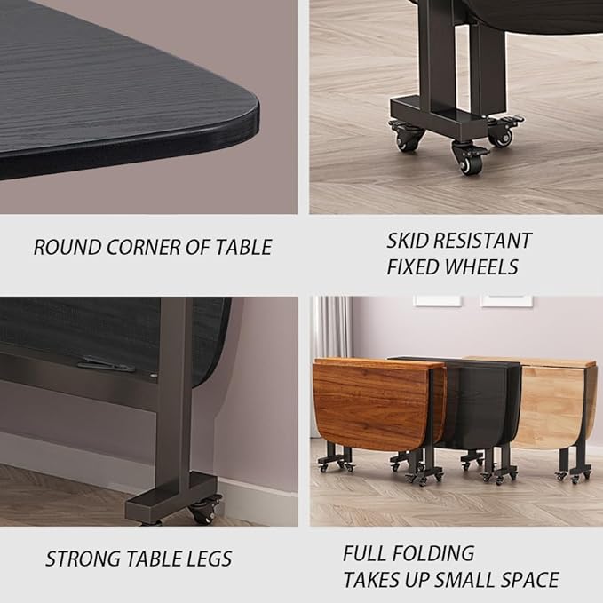 Multifunction Table Drop Leaf Dining Table - 47" Wooden Foldable Kitchen Table with 6 Wheels (Black)