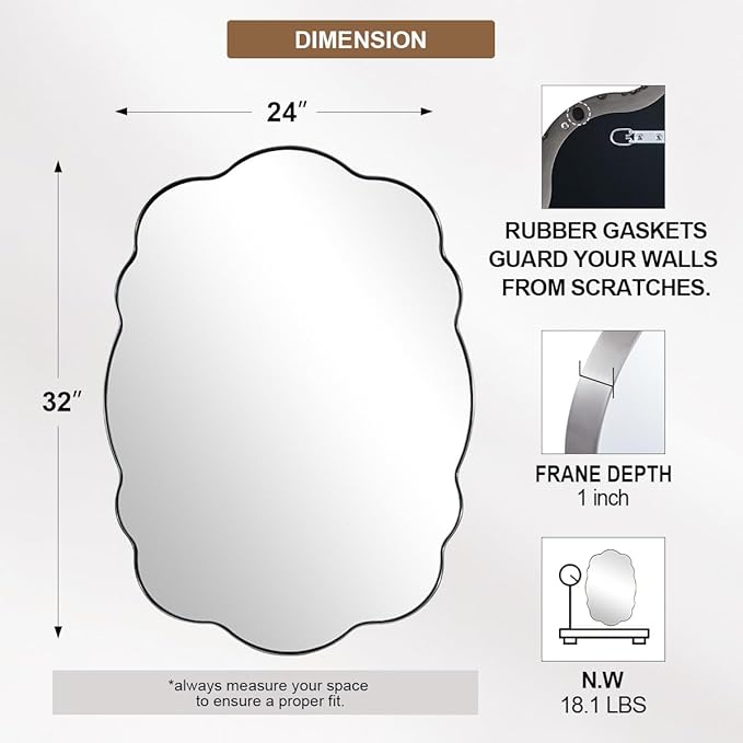 ANDY STAR Brushed Nickel Bathroom Mirror, 24x32 Inch Silver Asymmetrical Wall Mirror, Oval Bathroom Vanity Mirror, Unique Irregular Wall Mirror with Sophisticated Curved Design