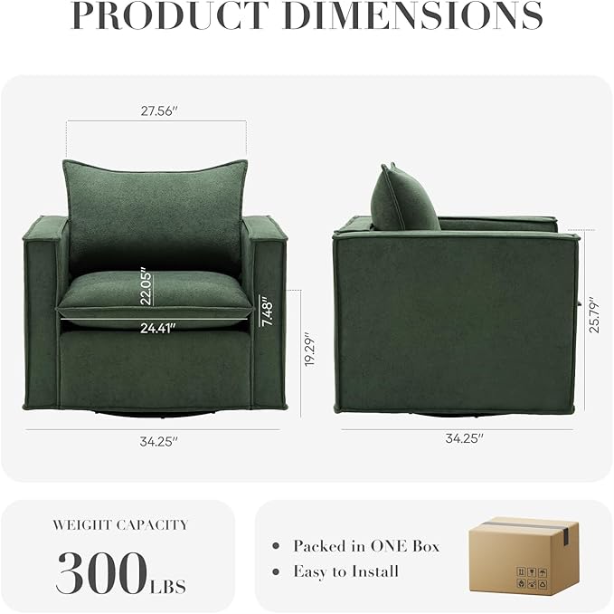 Swivel Accent Chair, 34 Inches Wide Upholstered Arm Chair with Plump Back Pillow, Modern Sofa Living Room Chair for Bedroom, Corner, Reading Nook-Green