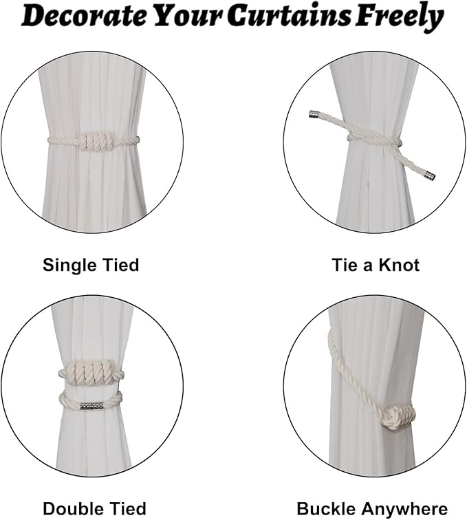 BEL AVENIR Magnetic Cotton Curtain Tiebacks, Decorative Drapery Holdbacks Modern Woven Tie-Backs with Exquisite Knot (Cotton, 4 Pack)