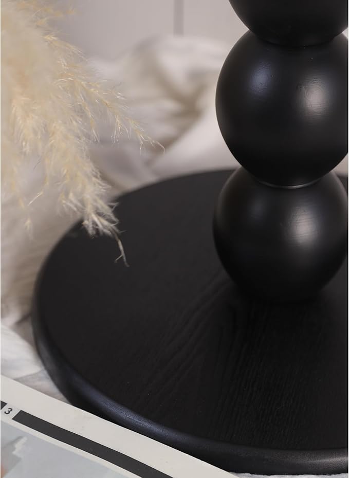 Round Wooden Side Table with Stacked Ball Pedestal Base, Accent Nightstand for Living Room, Bedroom, Corners (Black)