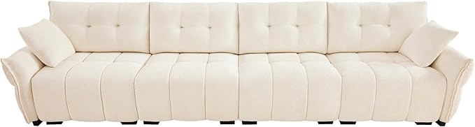 Modern Chenille Fabric 4-Seat Sofa w/ 2 Pillows, Premium Upholstery Living Room Couch with Tufted Backrest & Comfortable Armrests and High-Resilience Memory Foam Cushions,White