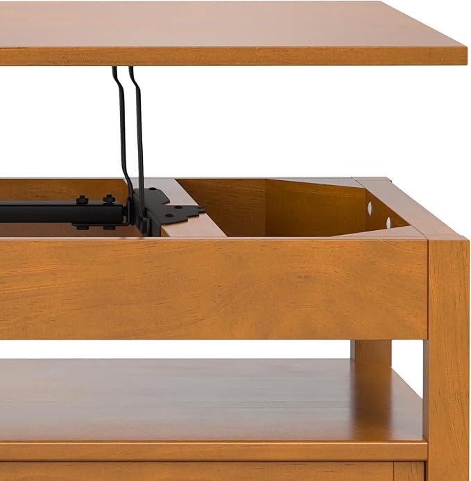 SIMPLIHOME Warm Shaker Lift Top Coffee Table - 48 inch Wide Solid Wood Cocktail Table in Light Golden Brown, Transitional Living Room Table with Hidden Storage, 2 Drawers, and Open Shelf