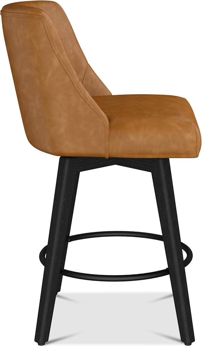 Counter Height Bar Stools Set of 3, Modern Swivel Barstools with Back and Wood Legs, Faux Leather Upholstered Bar Chairs, 26" H Kitchen Counter Stools, Kitchen Island Home Bar, Whisky Brown