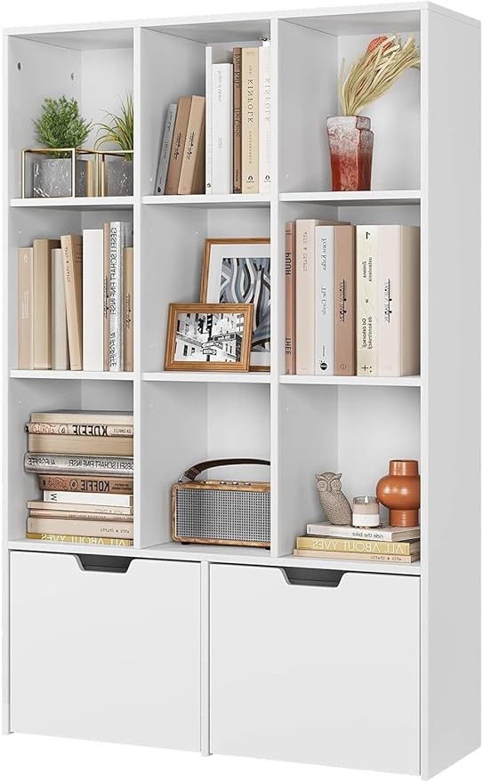 GarveeHome 55 Inches Tall Bookcase with 2 Drawers, Open Storage Bookshelf with 4 Tier Adjustable Shelves, Large Open Book Cabinet Standing for Home Office, White