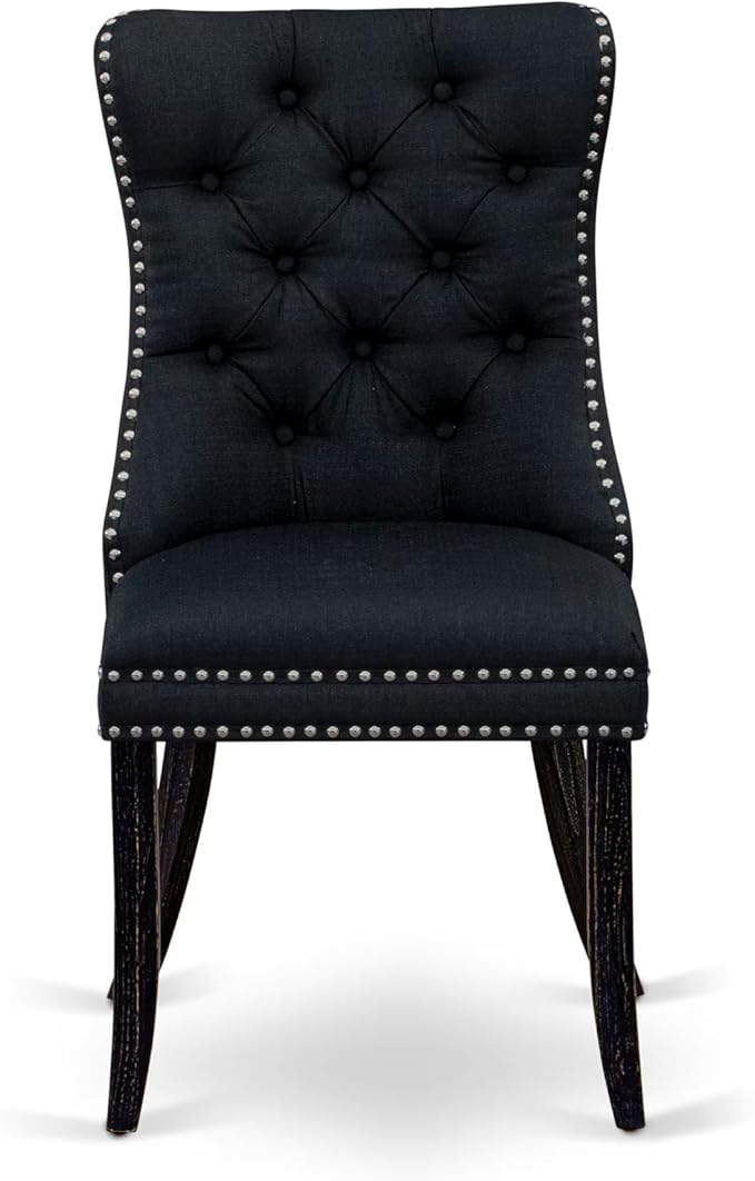 NKDA9-SBB-24-9-pc Dining Room Set Consists of a Rectangular Table and 8 Black Polyester Fabric Dining Chairs with Button Tufted Chair Back - Sand Blasting Black Finish.