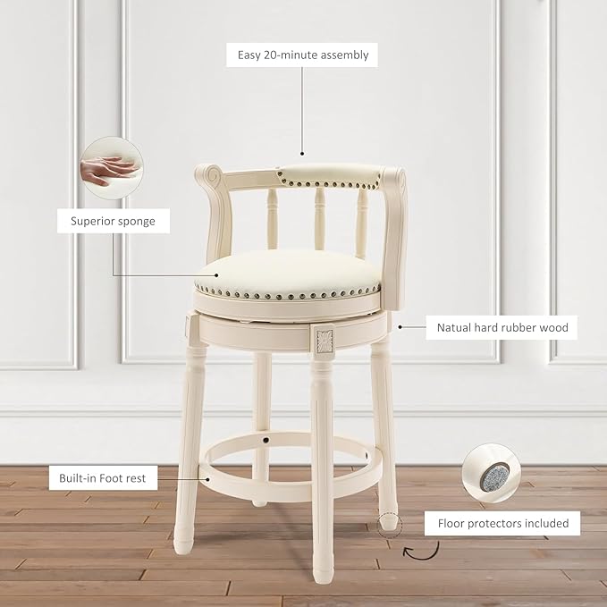 Cow top Leather Wooden Bar Stools, 360 Degree Swivel Bar Height Chair with Backs for Home Kitchen Counter, Morden Chair Barstools (Ivory Wood 2pcs-Cream Seat, Counter Height-Seat Height 26”)