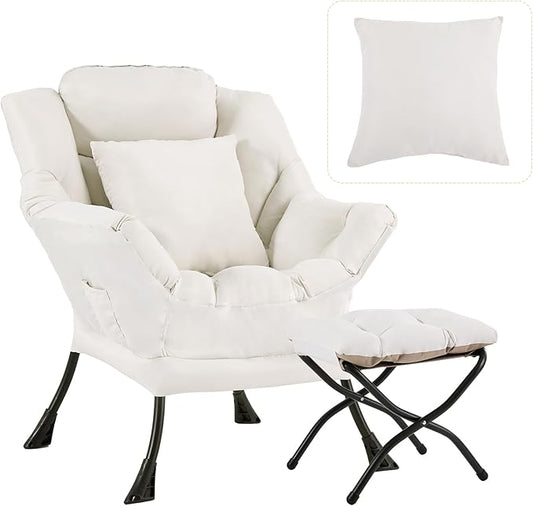 Lazy Chair with Ottoman, Modern Large Accent Lounge Chair with a Pillow, Leisure Sofa Armchair with Ottoman, Reading Chair with Footrest for Bedroom, Living Room, Dorm Room,Peach Beige