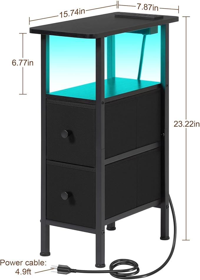 Narrow End Table Living Room with Charging Station, Skinny Side Table with Fabric Drawers, Slim LED Nightstand for Bedroom, Small Spaces, Couch, Black, HETNDP02LBK-1