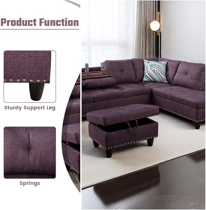 L Shaped Sectional Couches, Modular Sectional Sofa with Ottoman Storage, Nail-Head Design Lounge Sofa with Reversible Cup Holder for Living Room, Bedroom, Purple