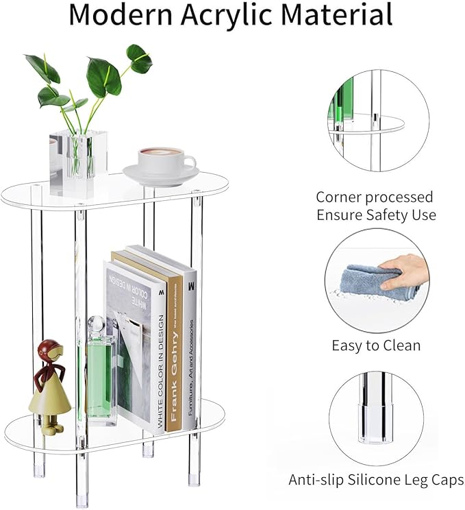 Clear Acrylic Narrow Side Table for Small Spaces, 15.75" L x 7.87" W x 19.82" H, 2 Tier Oval Slim End Table Nightstand, Small Skinny Bedside Table for Bedroom, Bathroom, Living Room