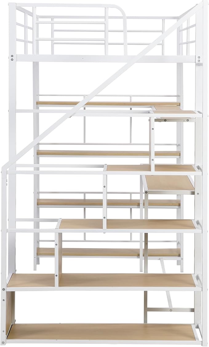 Twin Size Metal Loft Bed with Staircase,Full-Length Guardrails,a Built-in Desk and a 3-Tier Shelf,No Box Spring Needed,Noise Free,for Juniors&Adults,White