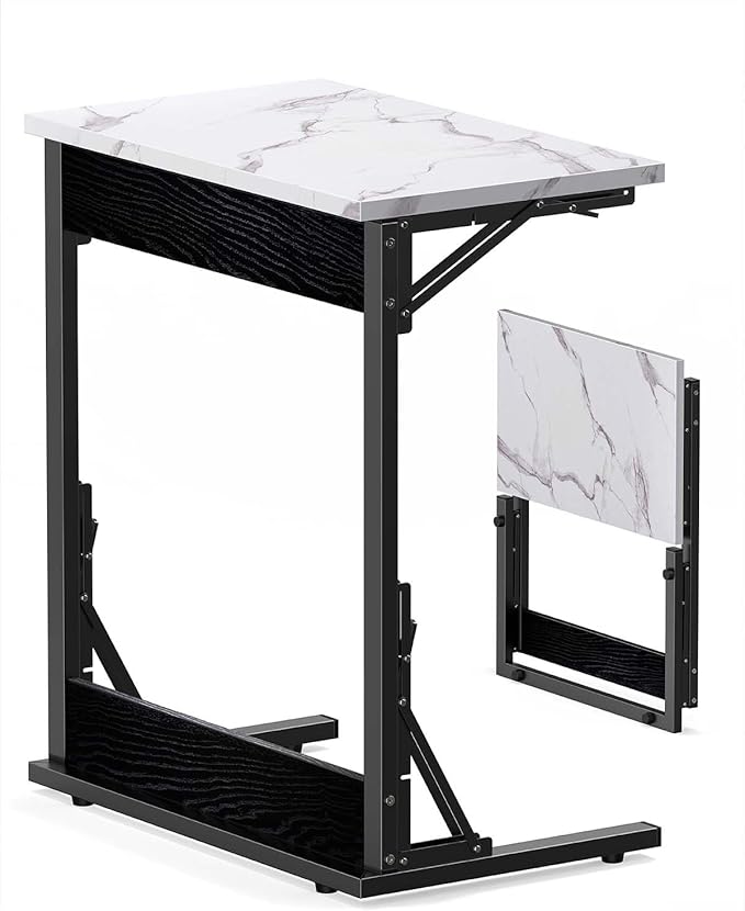 Tatub 24" Folding TV Tray Table, Marble C Shaped End Table for Couch, Small Sofa-Side Laptop Desk with Black Metal Frame for Living Room, Bedroom, Bedside