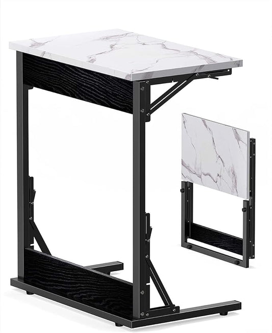 Tatub 24" Folding TV Tray Table, Marble C Shaped End Table for Couch, Small Sofa-Side Laptop Desk with Black Metal Frame for Living Room, Bedroom, Bedside