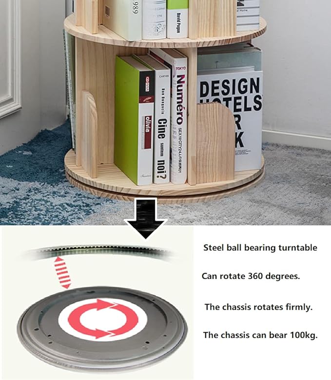 Heehee Wooden Rotating Bookshelf 360 Display Floor Standing Bookcase Storage Rack for Kids&Adults Multi-Functional Bookshelf Organizer (2-Tier)