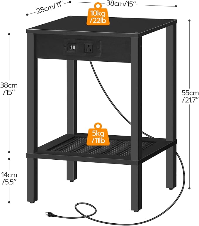 HOOBRO Side Table with Charging Station, Set of 2 End Tables with USB Ports and Outlet, Nightstand with 2-Tier Storage Shelf, for Living Room, Bedroom, Small Space, Black BK91UBZP201
