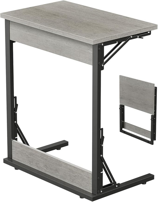 Tatub 24" Wide Folding C-Shaped End Table, Small Side Desk for Couch, Sofa TV Tray Table with Metal Frame for Living Room, Bedroom, Ivory White