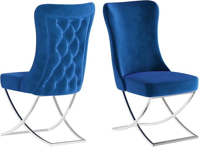 Ottomanson Royal Dining Chairs Set of 6 – Upholstered Tufted Microfiber, Assembled, Silver Metal Legs, Beech Wood Frame, 350 lb Capacity, Blue