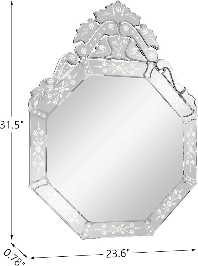 KOHROS Venetian Mirror with Top Crown Arch Floral Etched 32 x 24 Inch Octagonal Bathroom Mirror for Over Sink Frameless Beveled Edge Wall Mirror for Bathroom Vanity Entryway Bedroom