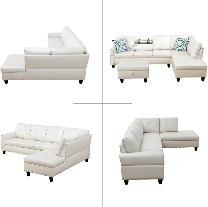 L Shaped Modular Sectional Sofa with Reversible Chaise Lounge, 5-Seater Corner Couch, PU Leather Convertible Sofá w/Movable Ottoman, Cup Holders, 2 Pillows and Rivet Ornament for Living Room