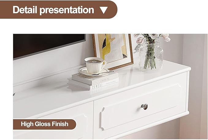 Retro Floating TV Console with 3 Doors,70'' High Gloss Floating TV Stand,Wall Mounted TV Cabinet,Contemporary Floating Media Console for Under TV Storage,Living Room,Bedroom(White)