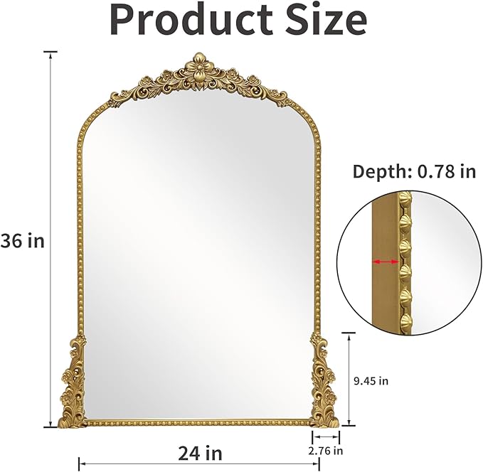 Vintage Arched Mirror, 24"x 36"Antique Baroque Mirror Style Metal Beaded Frame for Entryway Hallway Living Room,Vintage Gold