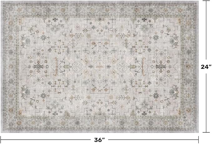 Light Grey Boho Bathroom Rug 2x3 - Modern Vintage Eclectic Floral Pastel Neutral Taupe, Washable Low Pile Non-Slip Small Throw Area Rugs for Entryway Door Mat Indoor Entrance, Kitchen